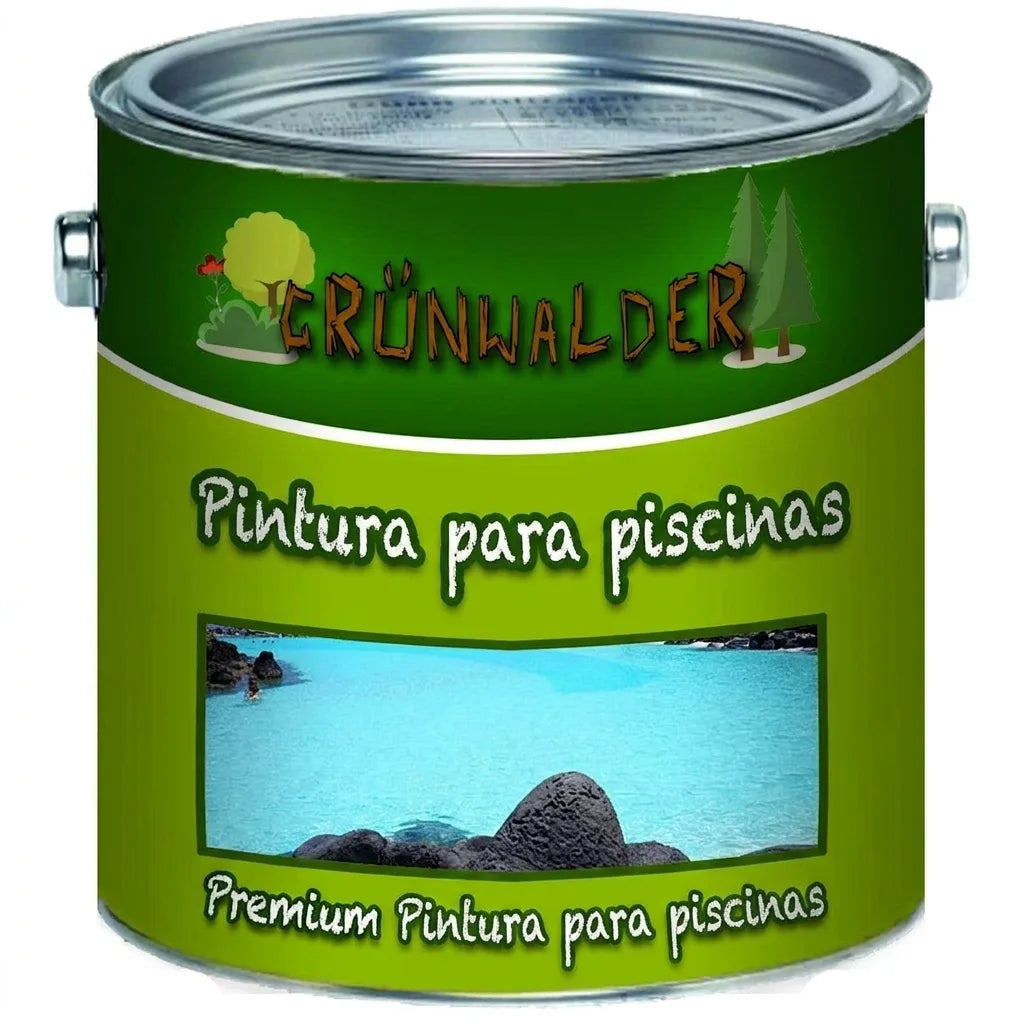 Lata de pintura premium Grünwalder para piscinas, con imagen de piscina azul y rocas volcánicas en la etiqueta.