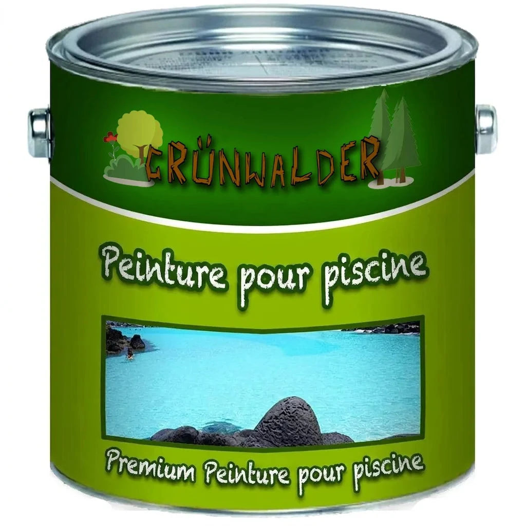 Pot de peinture verte Grünwalder pour piscine, avec texte 'Schwimmbeckenfarbe' et image d'eau bleue.