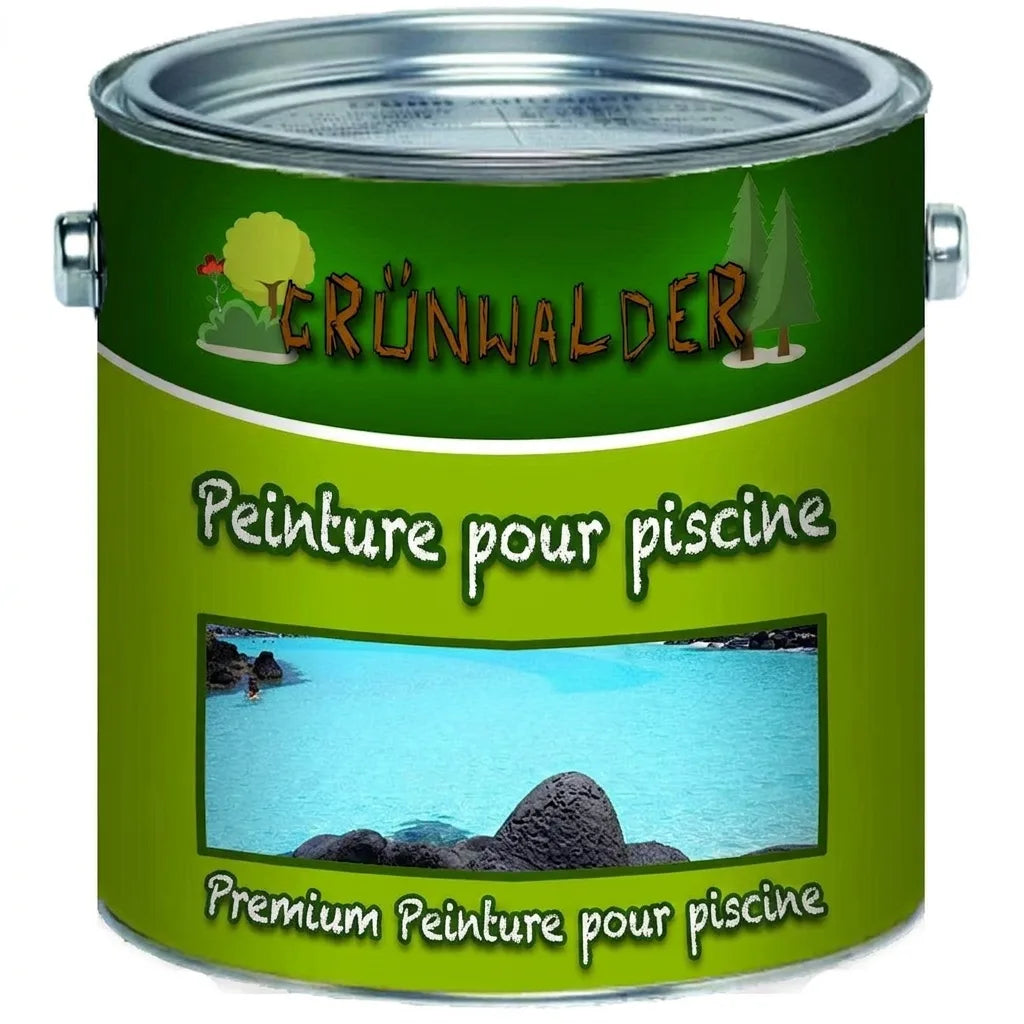 Pot de peinture verte Grünwalder pour piscine, avec texte 'Schwimmbeckenfarbe' et image d'eau bleue.