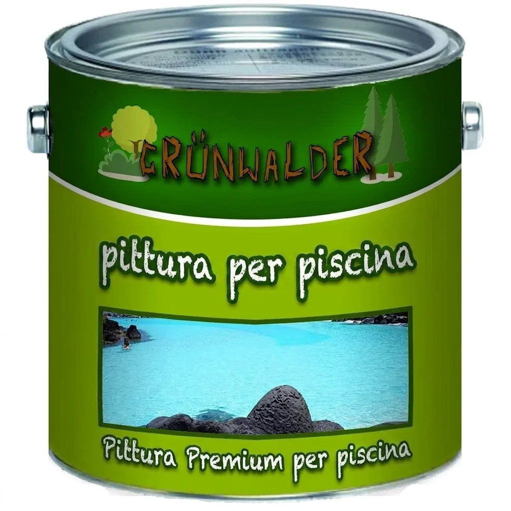 Lattina di vernice premium Grünwalder per piscine, colore verde, con esempio di acqua blu brillante.