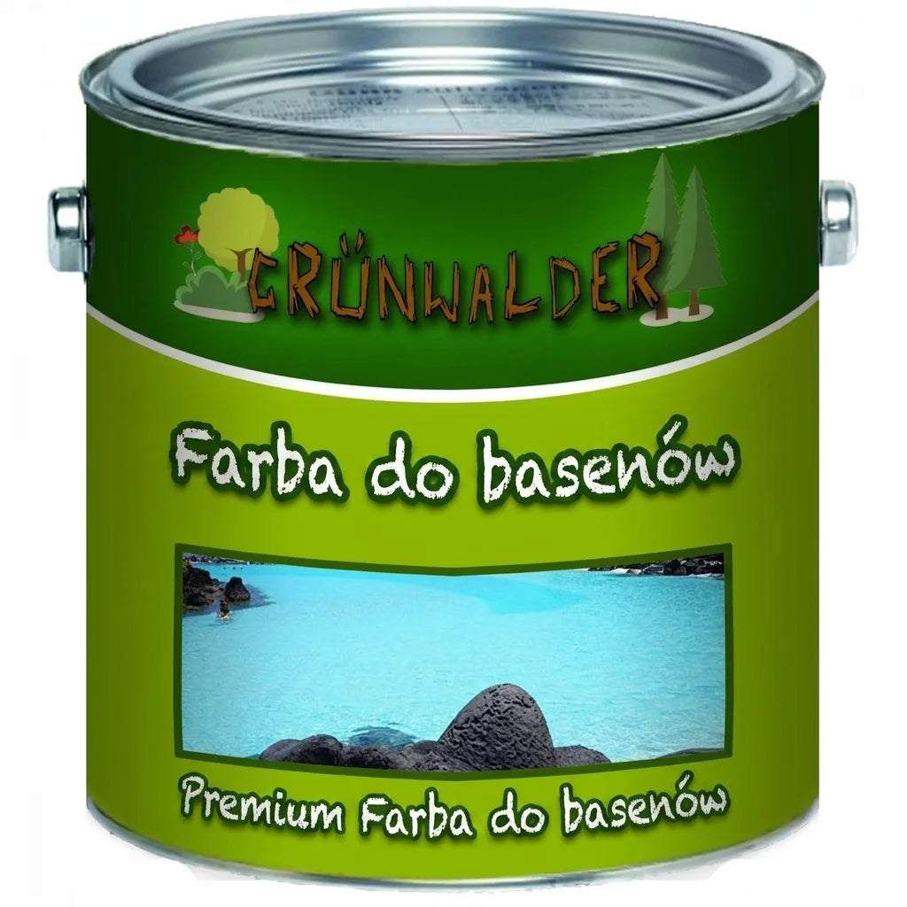 Puszka farby basenowej Grünwalder Premium Schwimmbeckenfarbe, z obrazkiem błękitnej laguny.