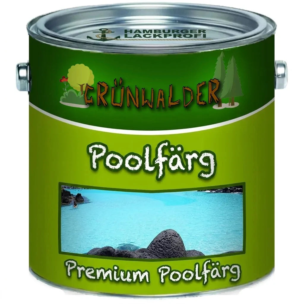 Grünwalder Premium simbassängsfärg i grön burk, med bild på en ljusblå pool.