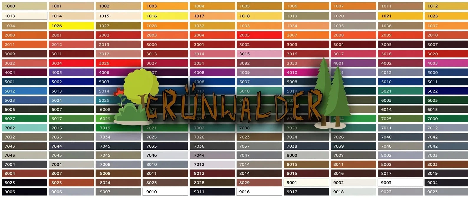 RAL färgkarta med hundratals numrerade färgprover och den framträdande texten 'GRÜNWALDER', med trädillustrationer.