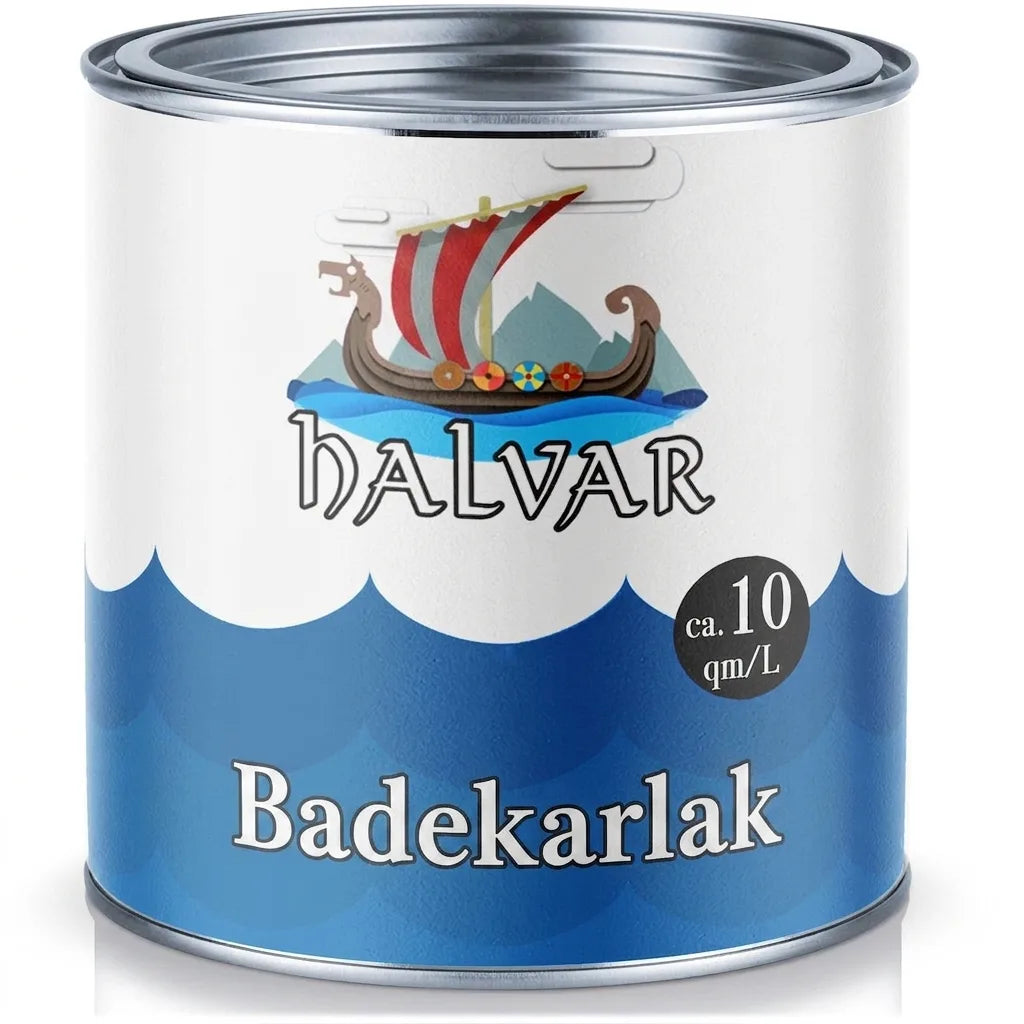 HALVAR badekar maling dåse med vikingeskib logo og ca. 10 kvm/L dækning. Hvid dåse med blå bølger.