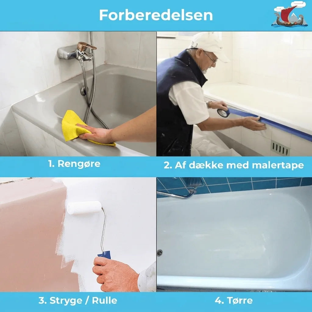 Trin-for-trin guide til renovering af badekar: rengøring, afdækning, maling og tørring.