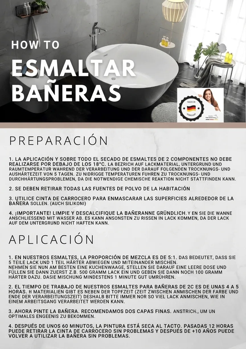 Instrucciones detalladas en alemán para pintar una bañera: preparación, mezcla de pintura y aplicación.