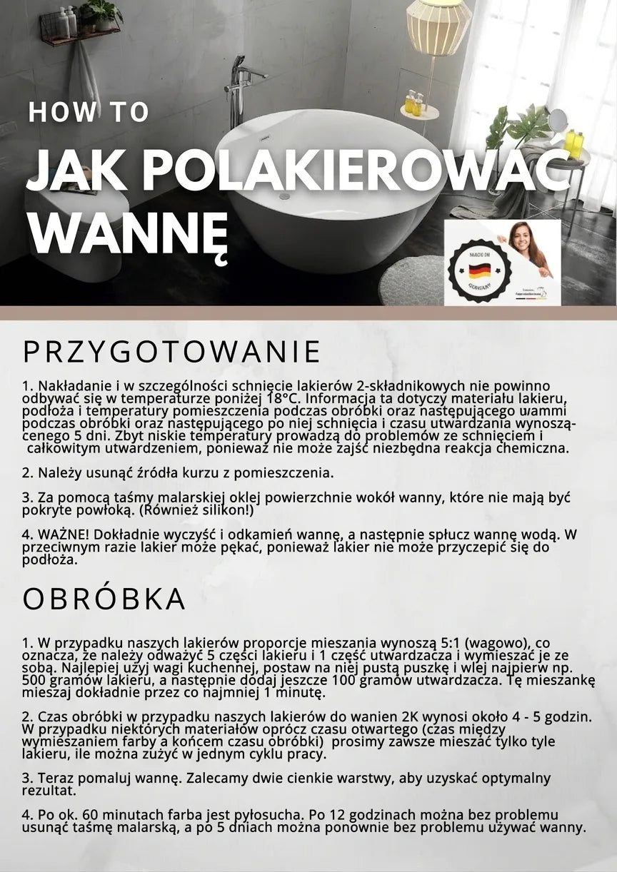 Instrukcja krok po kroku jak malować wannę. Biała wanna w nowoczesnej łazience. Produkt Made in Germany.