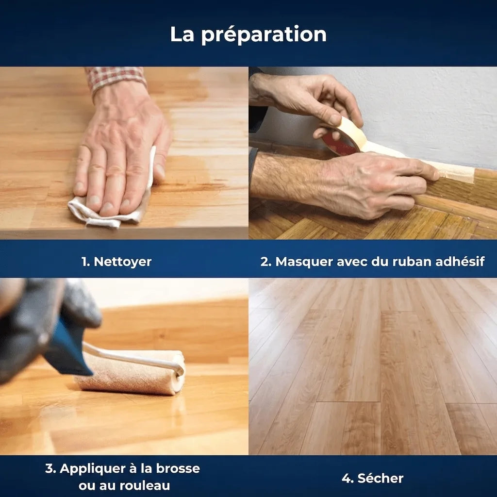 Image montrant 4 étapes de préparation d'un sol en bois : nettoyage, masquage, application de produit, et séchage.