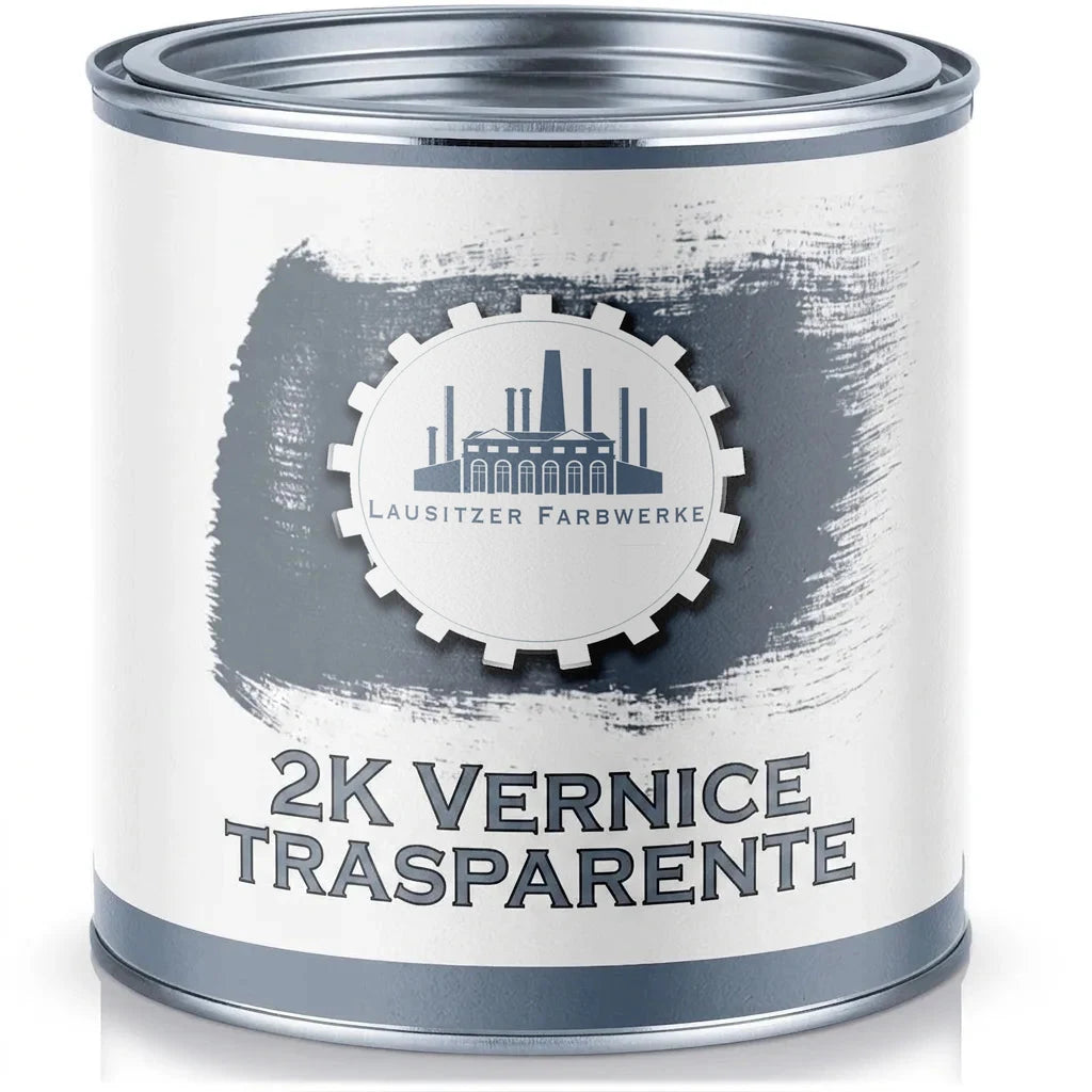 Lattina di vernice con etichetta "Lausitzer Farbwerke 2K Klarlack" (lacca trasparente bicomponente).
