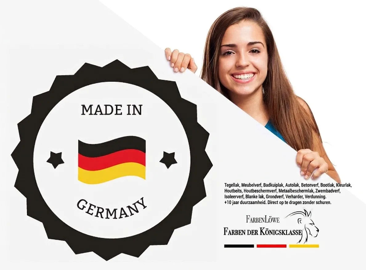 Lachende vrouw met 'Made in Germany' label en 'FarbenLöwe' logo, 'Farben der Königsklasse'.