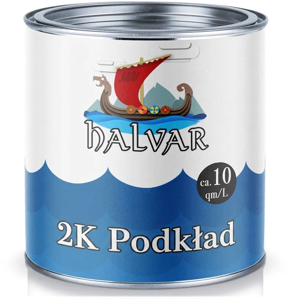 Puszka farby HALVAR: podkład dwuskładnikowy (2K Grundierung), logo statek wikingów, wydajność ok. 10 m²/L.