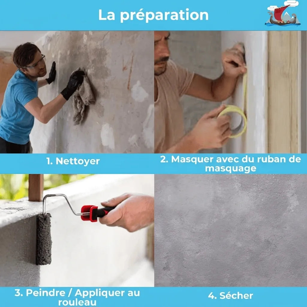 Instructions pour la préparation d'une surface : 1. Nettoyer, 2. Masquer avec du ruban de peintre, 3. Appliquer au rouleau, 4. Sécher.