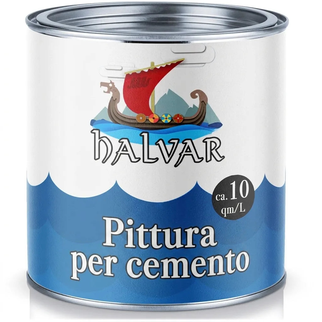 Lattina di vernice Halvar per cemento con logo nave vichinga, copertura ca. 10 mq/L.