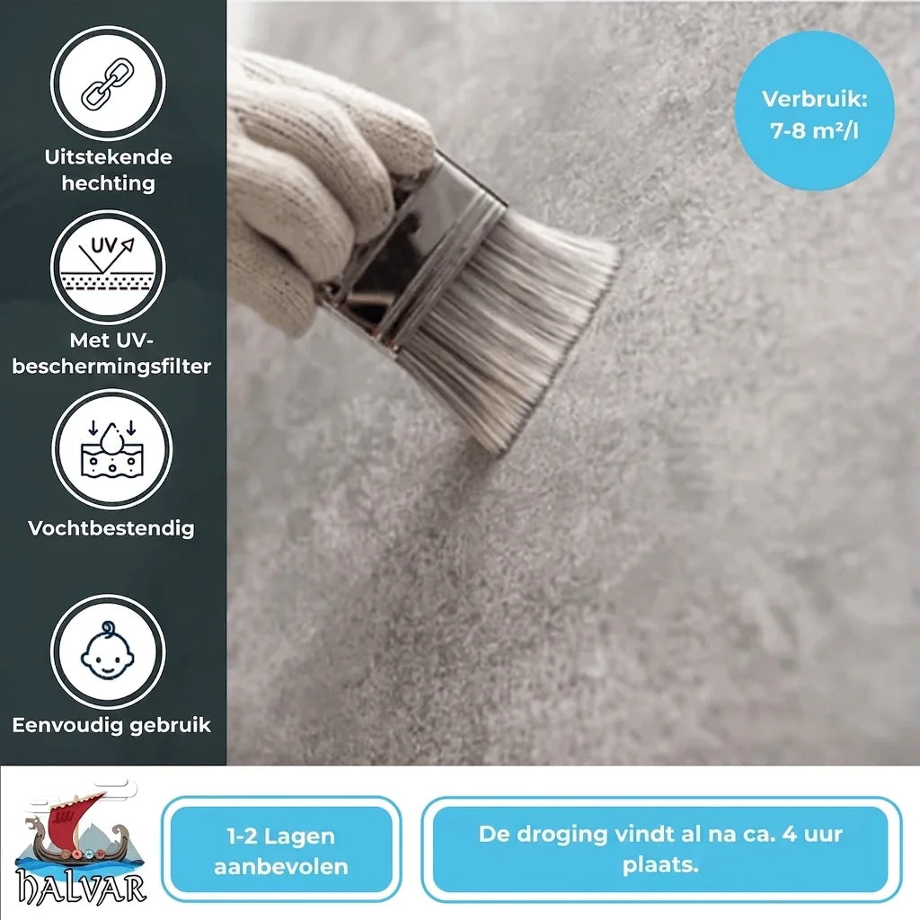 Hand brengt grijze coating aan. Kenmerken: uitstekende hechting, UV-filter, vochtbestendig, eenvoudig. Verbruik: 7-8 m²/l. 1-2 lagen, droog