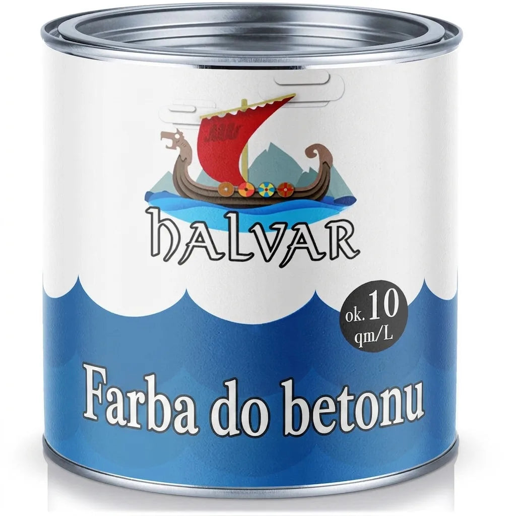 Puszka farby do betonu HALVAR z logo statku wikingów, niebieskie fale, wydajność ok. 10 m²/l.