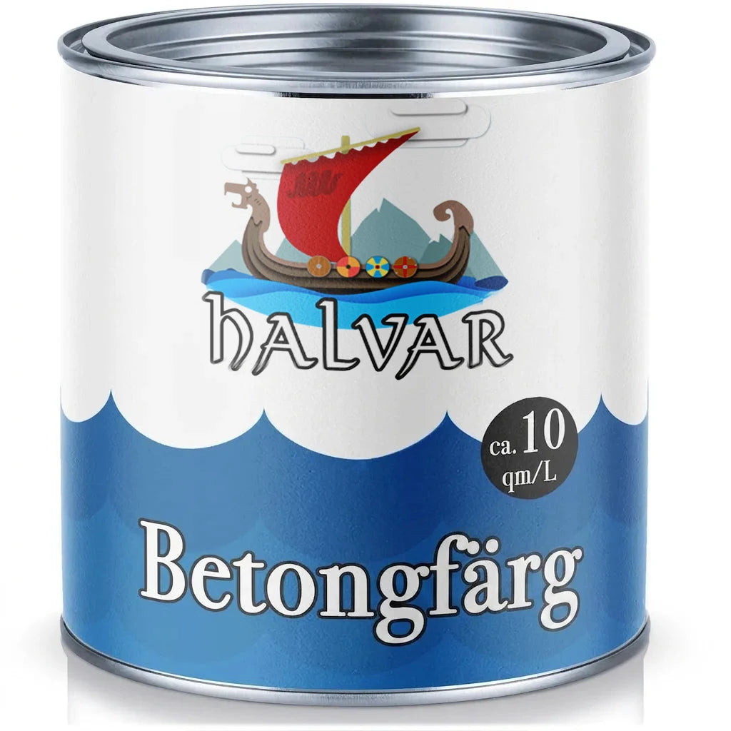 HALVAR betongfärgburk med vikingaskeppslogo, ca 10 kvm/L täckning och vågmönster.