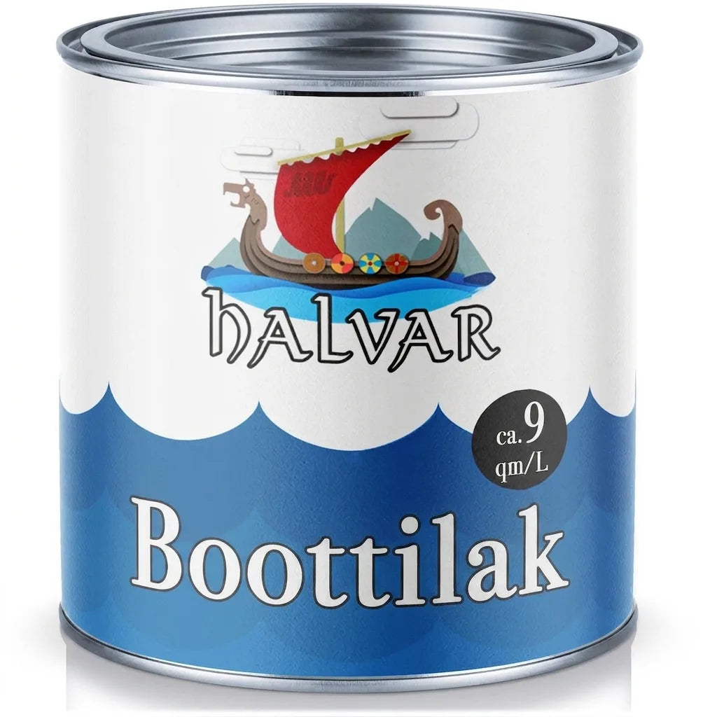 Blauw-wit verfblik HALVAR bootlak, met een logo van een Vikingschip op golven en tekst 'ca. 9 m²/L'.