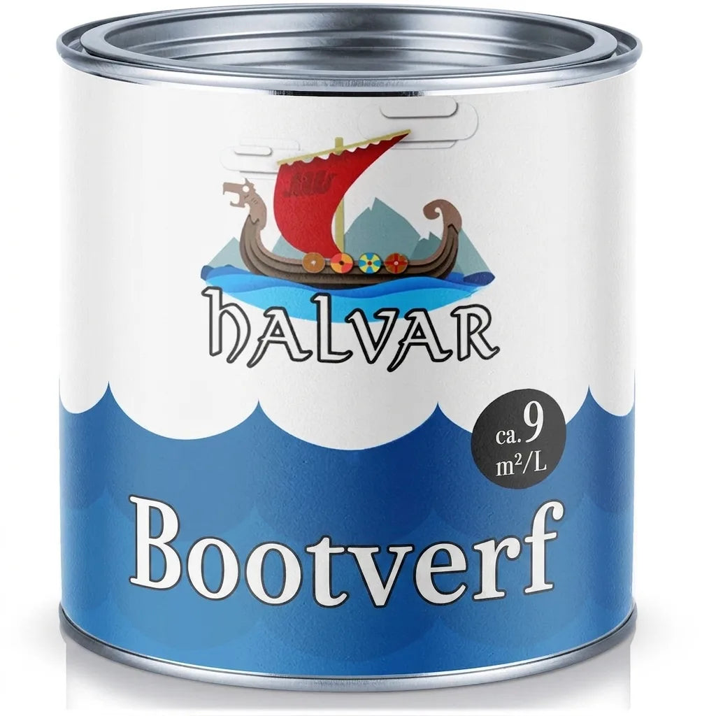 Halvar botenlak verfblik met Vikingschip logo, blauwe golven en 9 m²/L dekking.