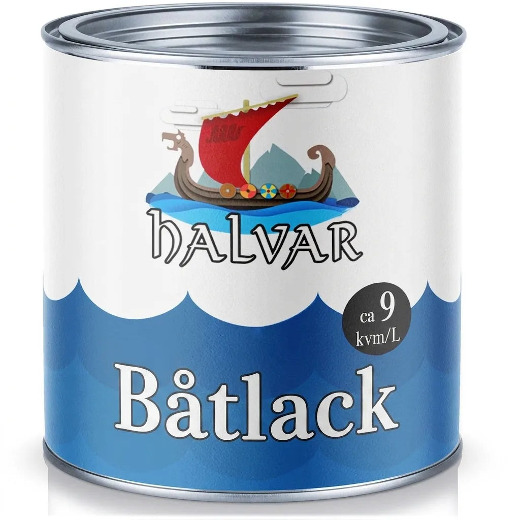 Målarburk Halvar båtlack med vikingaskeppslogga, ca 9 kvm/L.