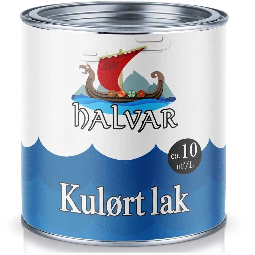 Halvar Buntlack malingdåse, med vikingeskib og bjerglogo. Hvid og blå bølgemønster, dækker ca. 10 kvm/L.