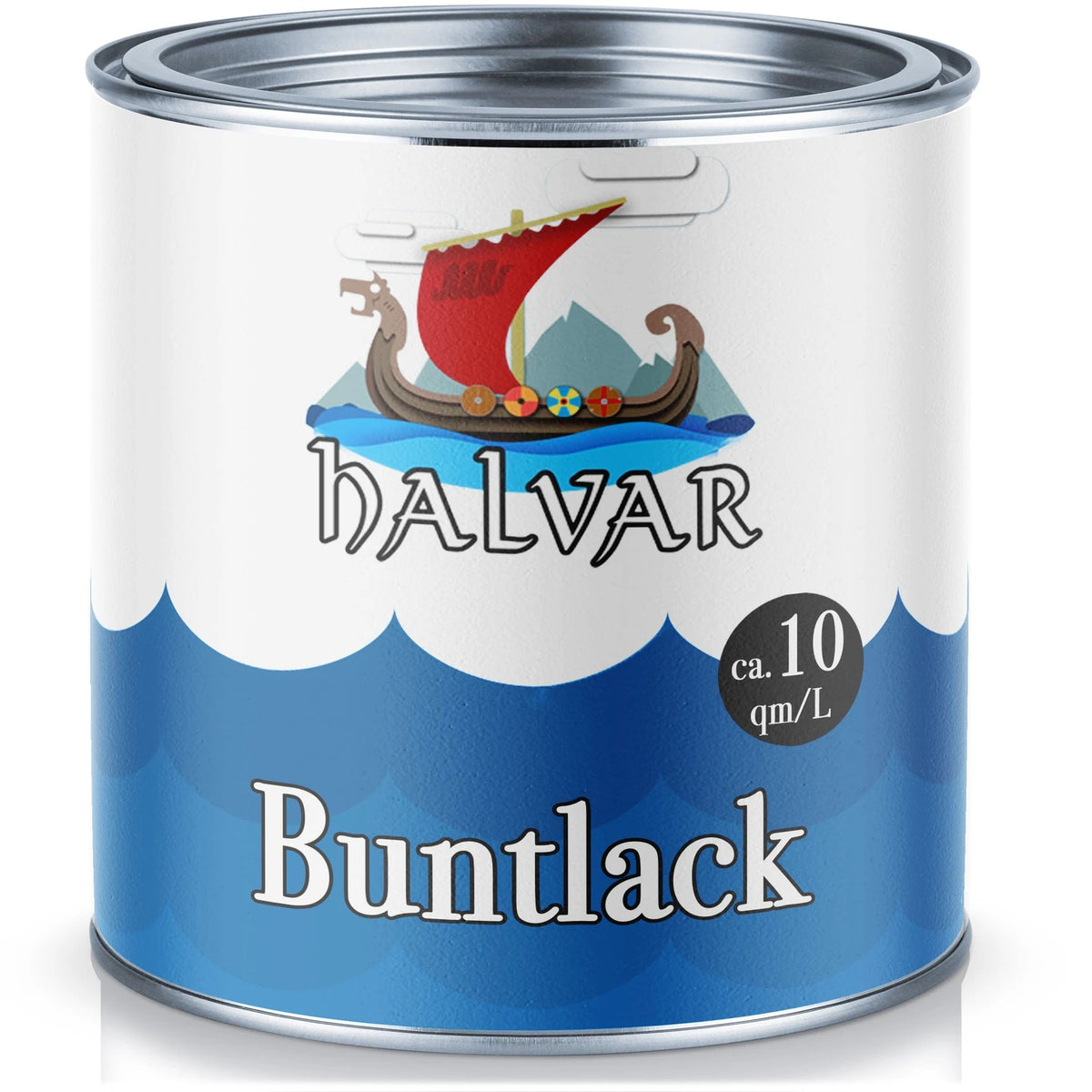 Barattolo di vernice bianca e blu "HALVAR" con nave vichinga, "Buntlack", "ca. 10 qm/L".