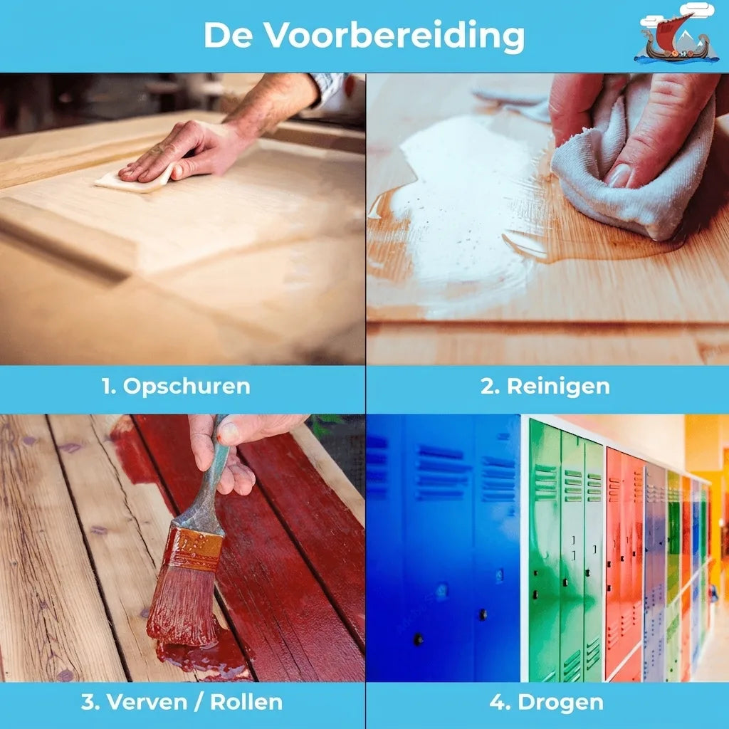 Illustratie van vier voorbereidingsstappen: schuren, reinigen, verven/rollen, en drogen.