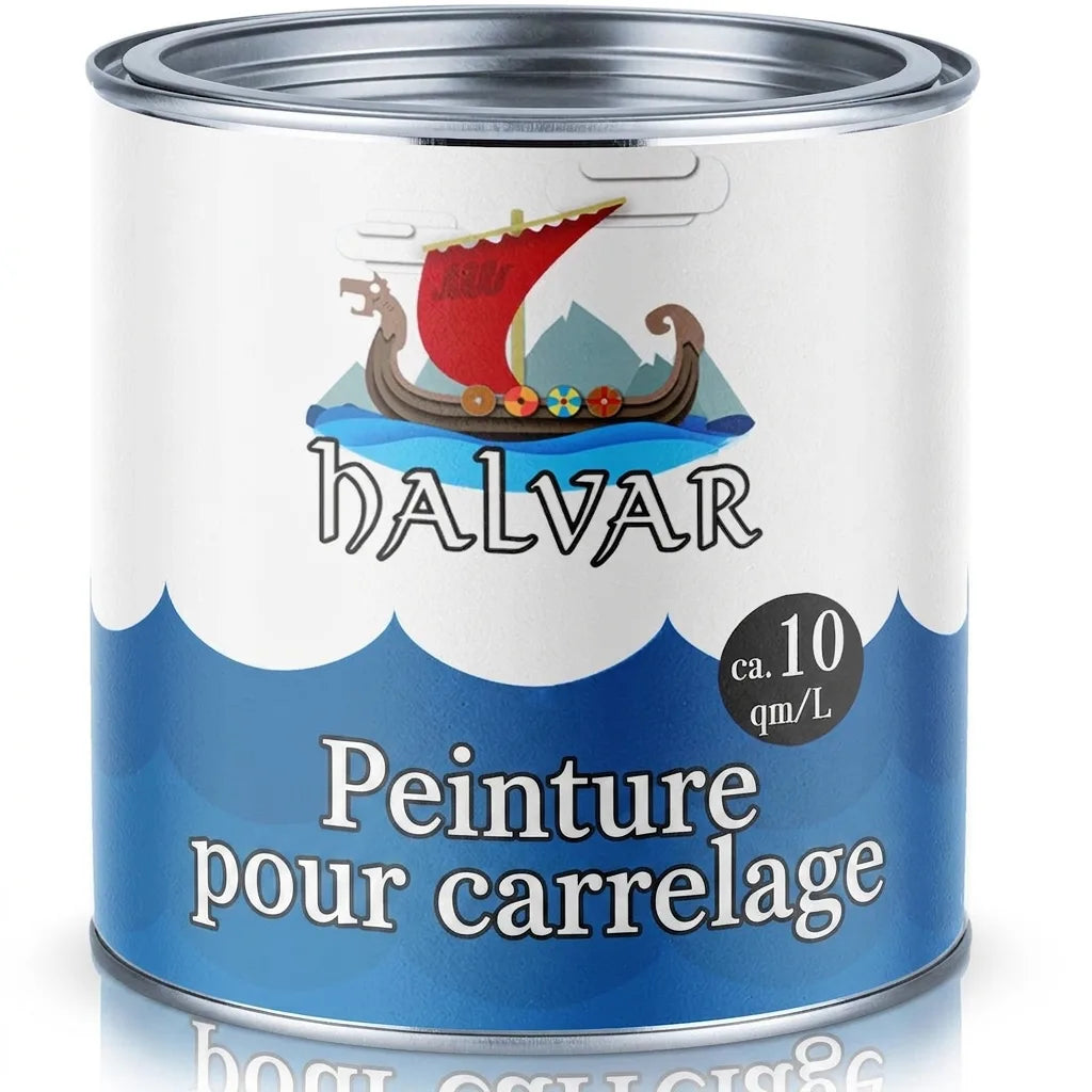 Pot de peinture Halvar pour carrelage avec illustration d'un drakkar viking. Indique environ 10 m²/L.