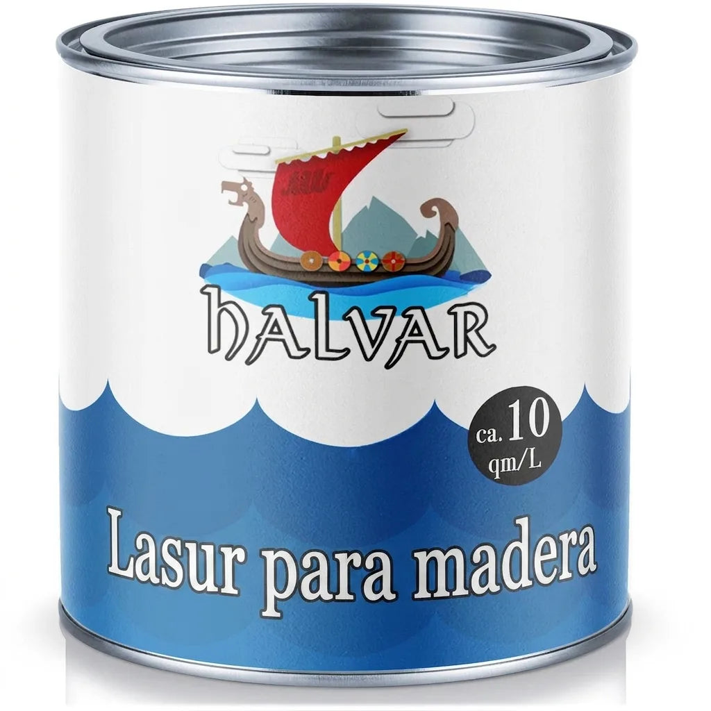 Lata de lasur para madera HALVAR con logo de barco vikingo, rendimiento de aprox. 10 m²/L.