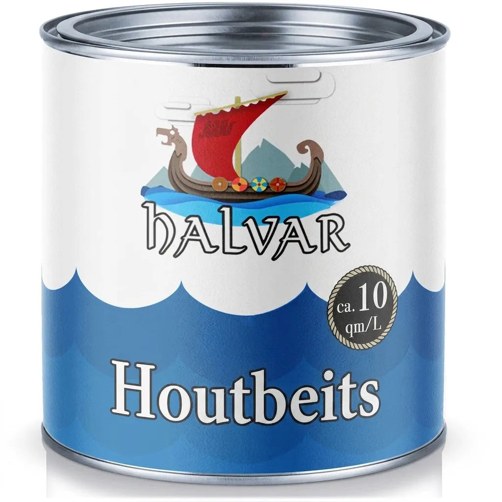 Halvar blik houtbeits met een Vikingboot-logo, bergen en golven. Vermeldt 'ca. 10 m²/L'.