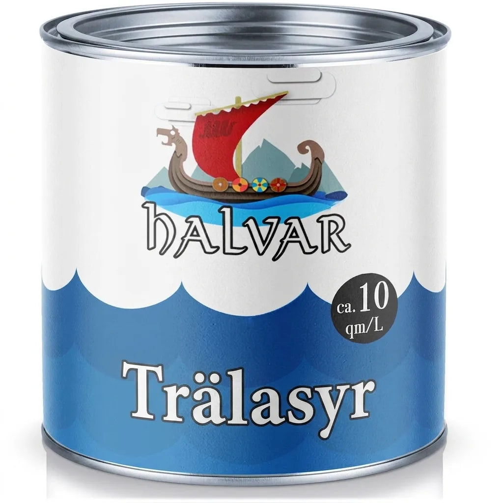 Halvar trälasyr burk med vikingaskepp, berg och vågor. Uppgift om ca 10 kvm/L.
