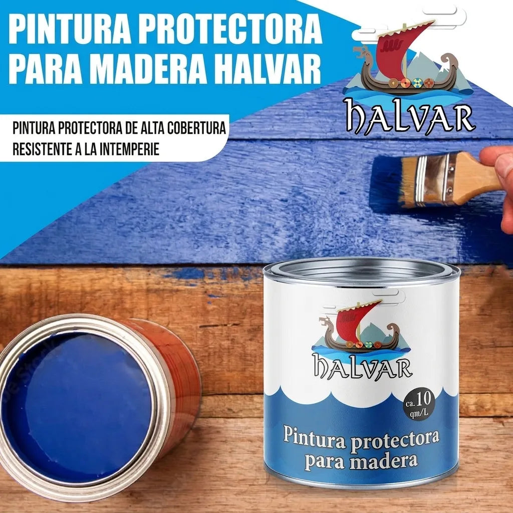Hombre pintando una valla de madera con pintura protectora azul Halvar. Bote de pintura Halvar con texto en alemán.