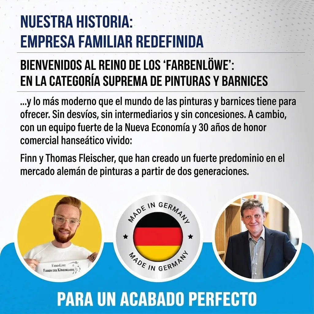 Publicidad de Farbenlöwe, empresa familiar de pinturas. Muestra a Finn y Thomas Fleischer, y sello Made in Germany.