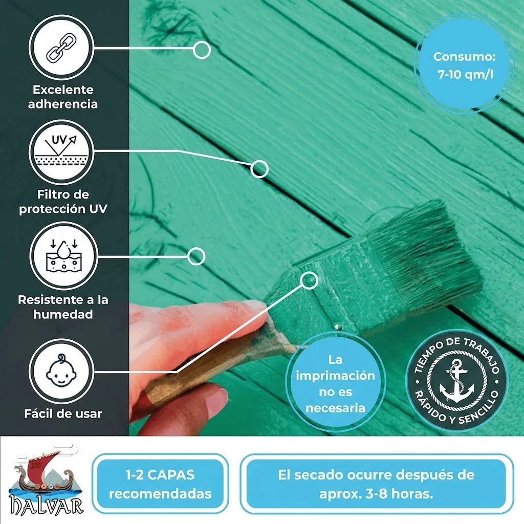 Características pintura verde para madera: alta adherencia, UV, humedad, fácil uso, sin imprimación, secado rápido.