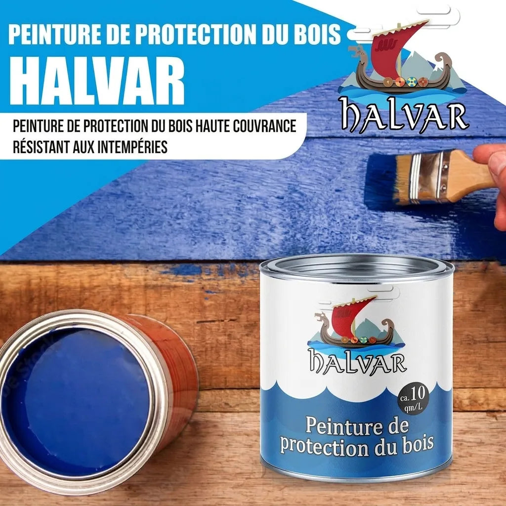 Peinture de protection bois Halvar bleue très couvrante et résistante aux intempéries, couvrant env. 10 m²/L.