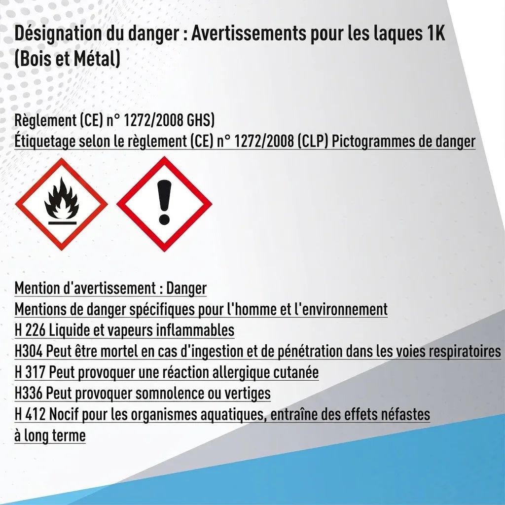 Etiquette de danger GHS/CLP pour laque 1K (bois/métal): symboles inflammable, irritant, phrases H.