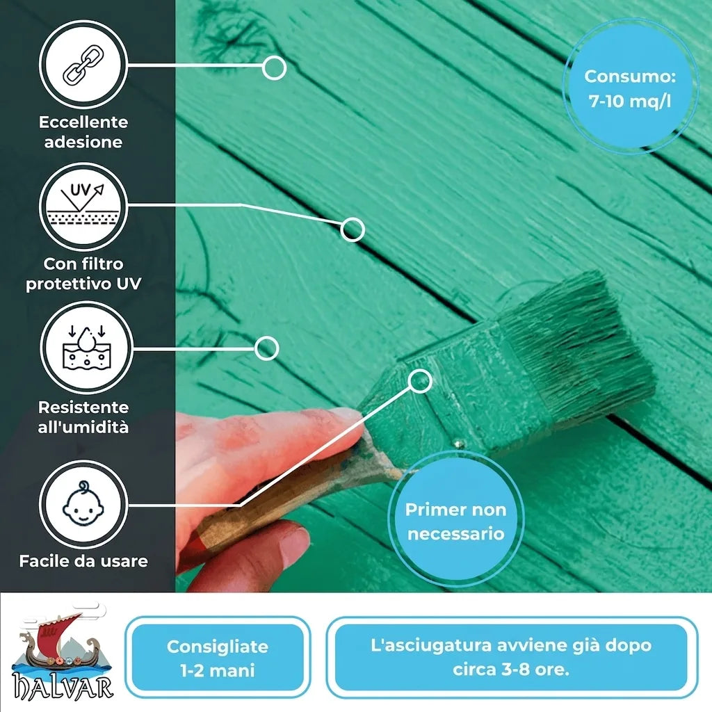 Pittura legno Halvar con protezione UV, resistente all'umidità, alta aderenza, senza primer, asciugatura rapida.