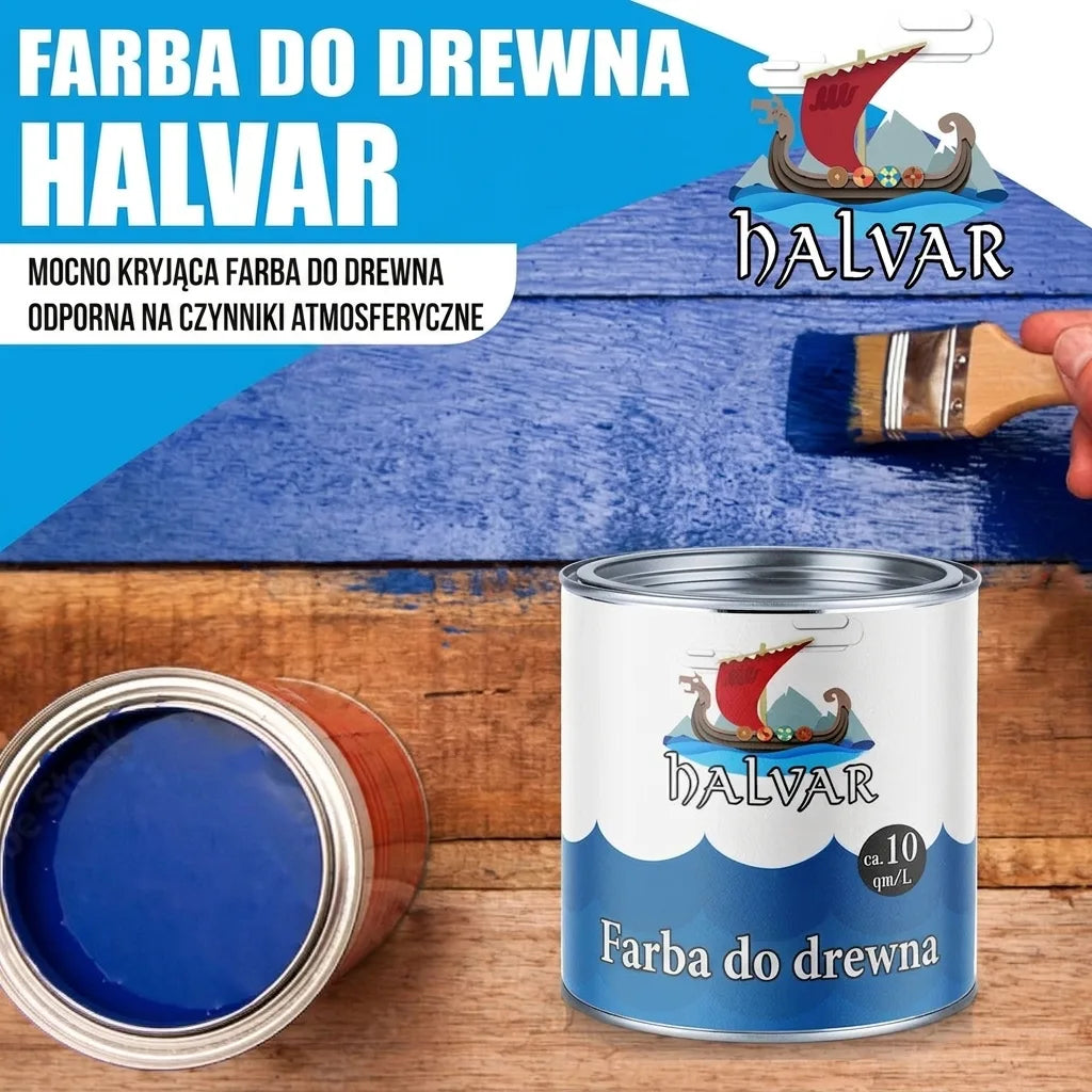 Farba do drewna Halvar: niebieska farba ochronna o wysokim kryciu, odporna na warunki pogodowe, na drewnianych deskach.