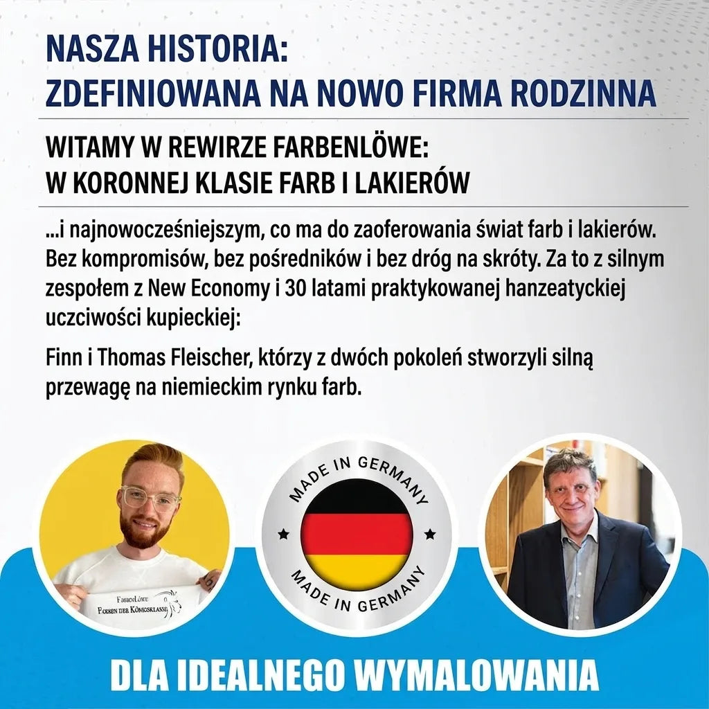 Grafika promocyjna firmy Farbenlöwe z niemieckim tekstem o farbach, lakierach i dwóch założycielach.