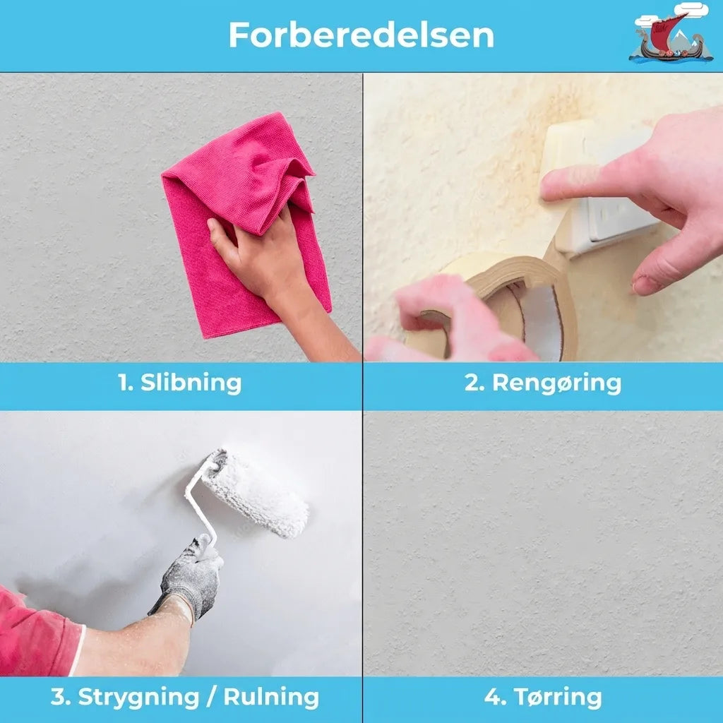 Trin-for-trin guide til vægforberedelse før maling: afslibning, rengøring, maling/rulle og tørring.