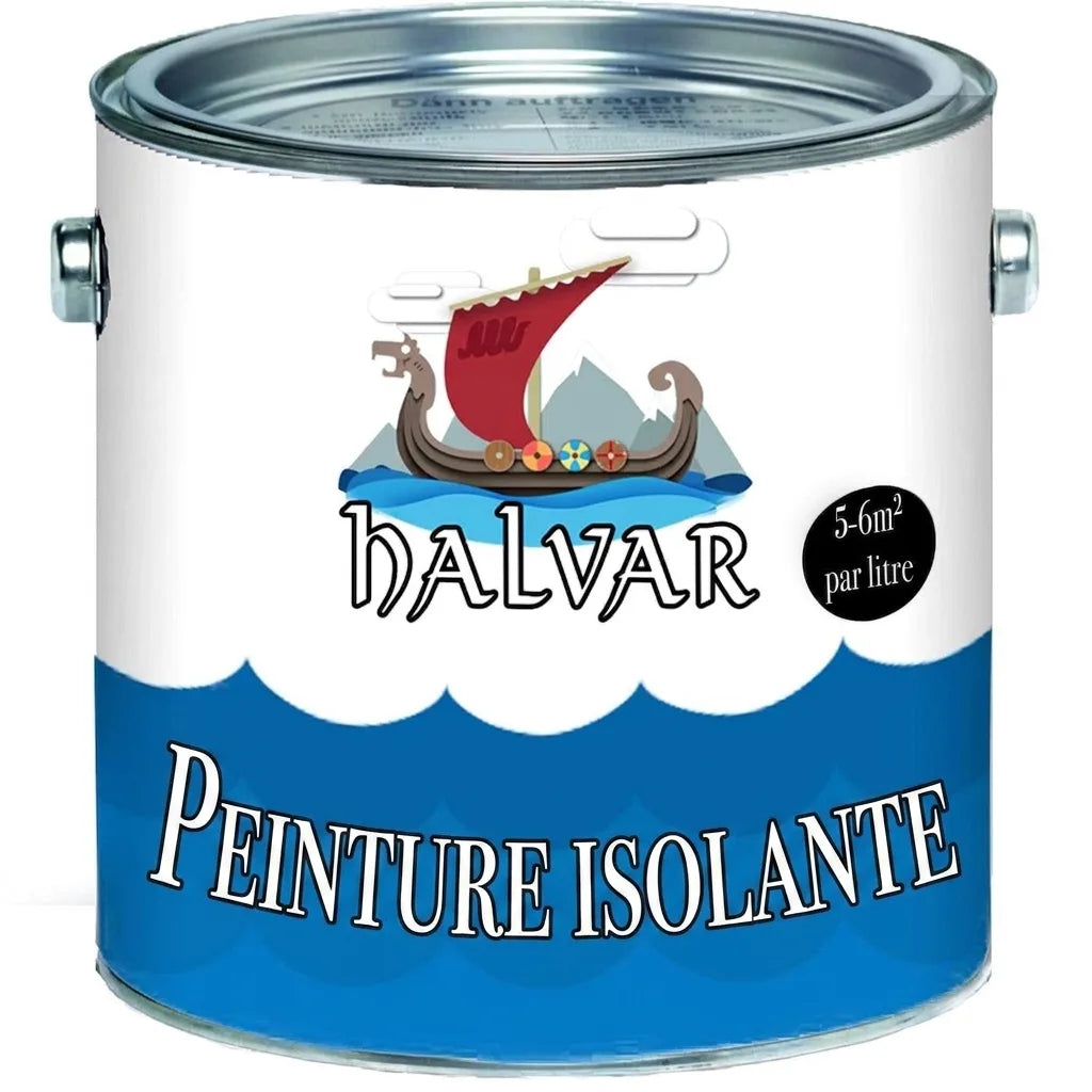 Pot de peinture isolante HALVAR blanc et bleu, logo drakkar. Indique 5-6m²/litre.