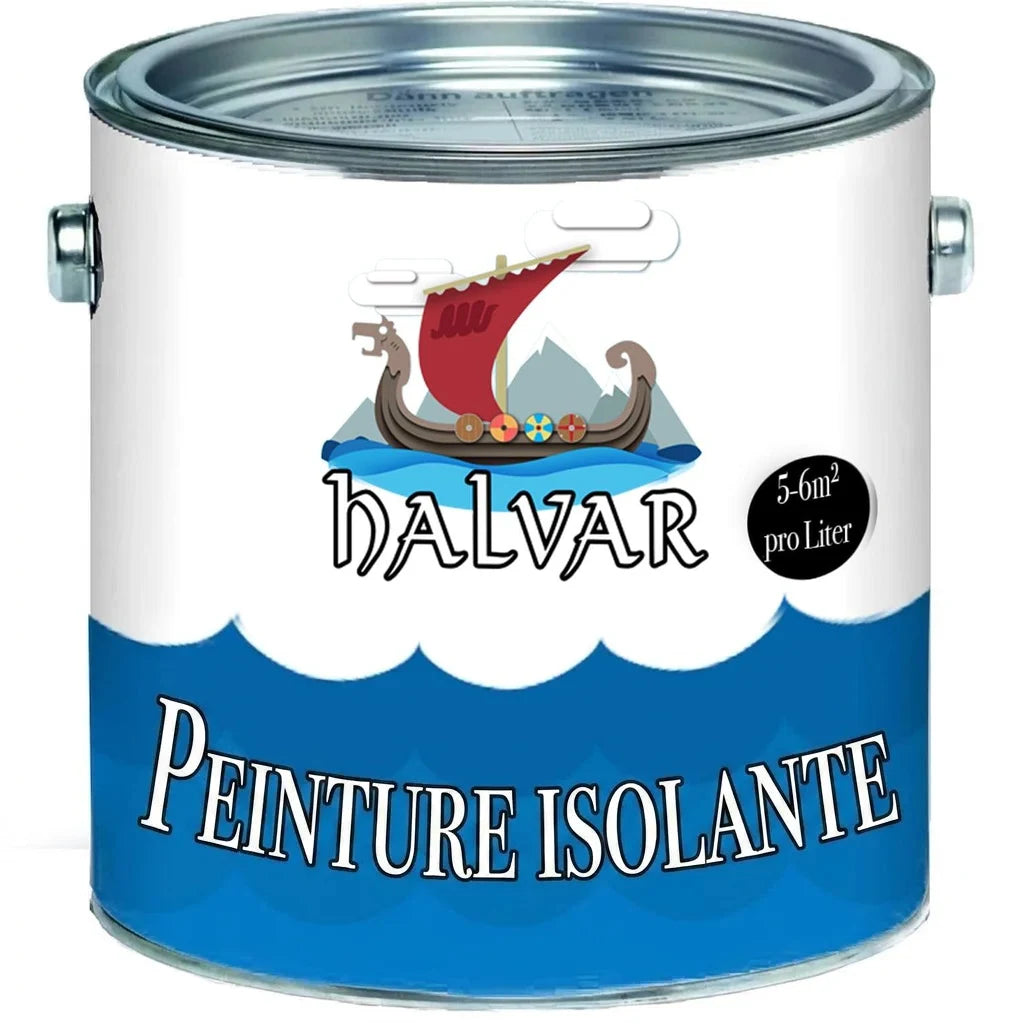 Pot de peinture isolante HALVAR blanc et bleu, logo drakkar. Indique 5-6m²/litre.