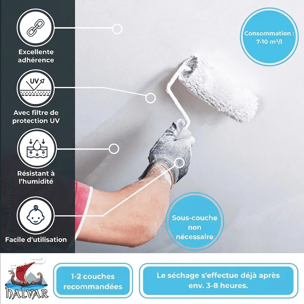 Peintre appliquant de la peinture murale blanche. Caractéristiques produit : adhérence, UV, humidité, facile, sans apprêt, séchage.