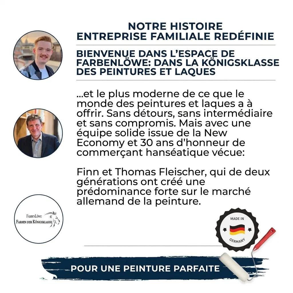 Page promotionnelle allemande d'une entreprise familiale de peintures et vernis, avec dirigeants et leur histoire.