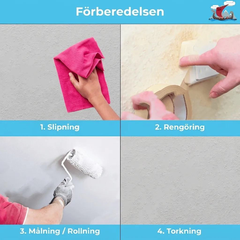 Förberedelse för målning: slipa, rengöra och maskera väggar, sedan måla med roller och låta torka.