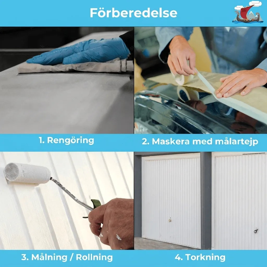 Bild som visar de fyra stegen för förberedelse och målning: rengöring, maskering, målning med roller och torkning.