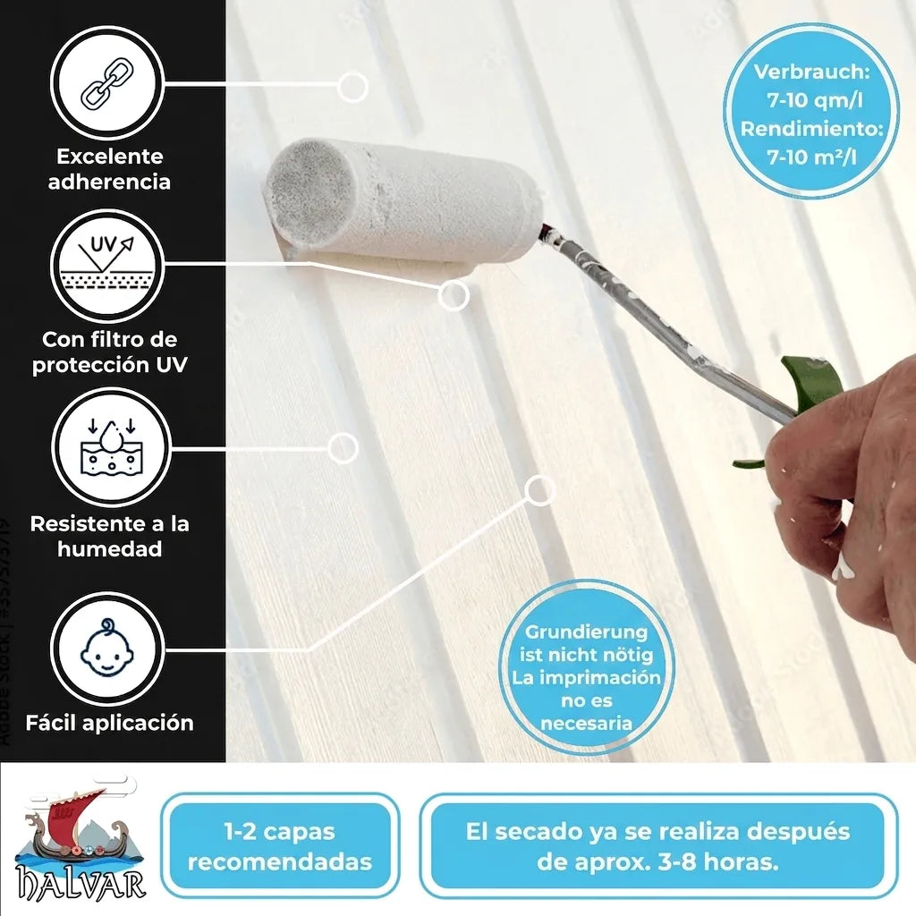 Rodillo pintando madera de blanco. Infografía en alemán sobre adherencia, protección UV, resistencia, uso y secado.