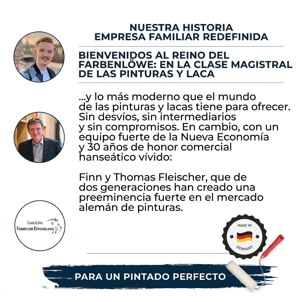 Historia de FarbenLöwe, empresa familiar alemana de pinturas con Finn y Thomas Fleischer, resaltando calidad 'Made in Germany'.