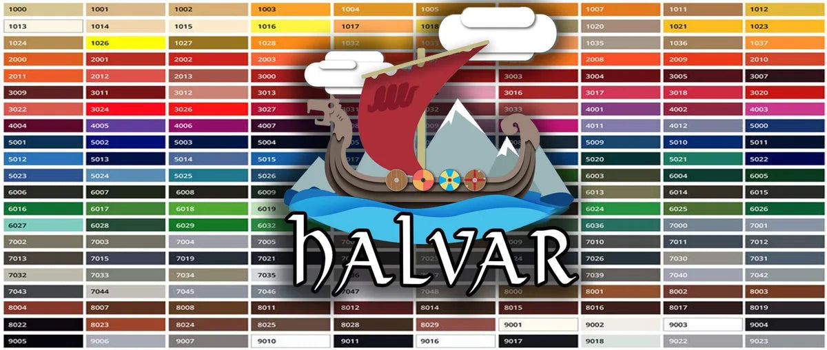 Carta de colores RAL con ilustración de barco vikingo y el nombre HALVAR.