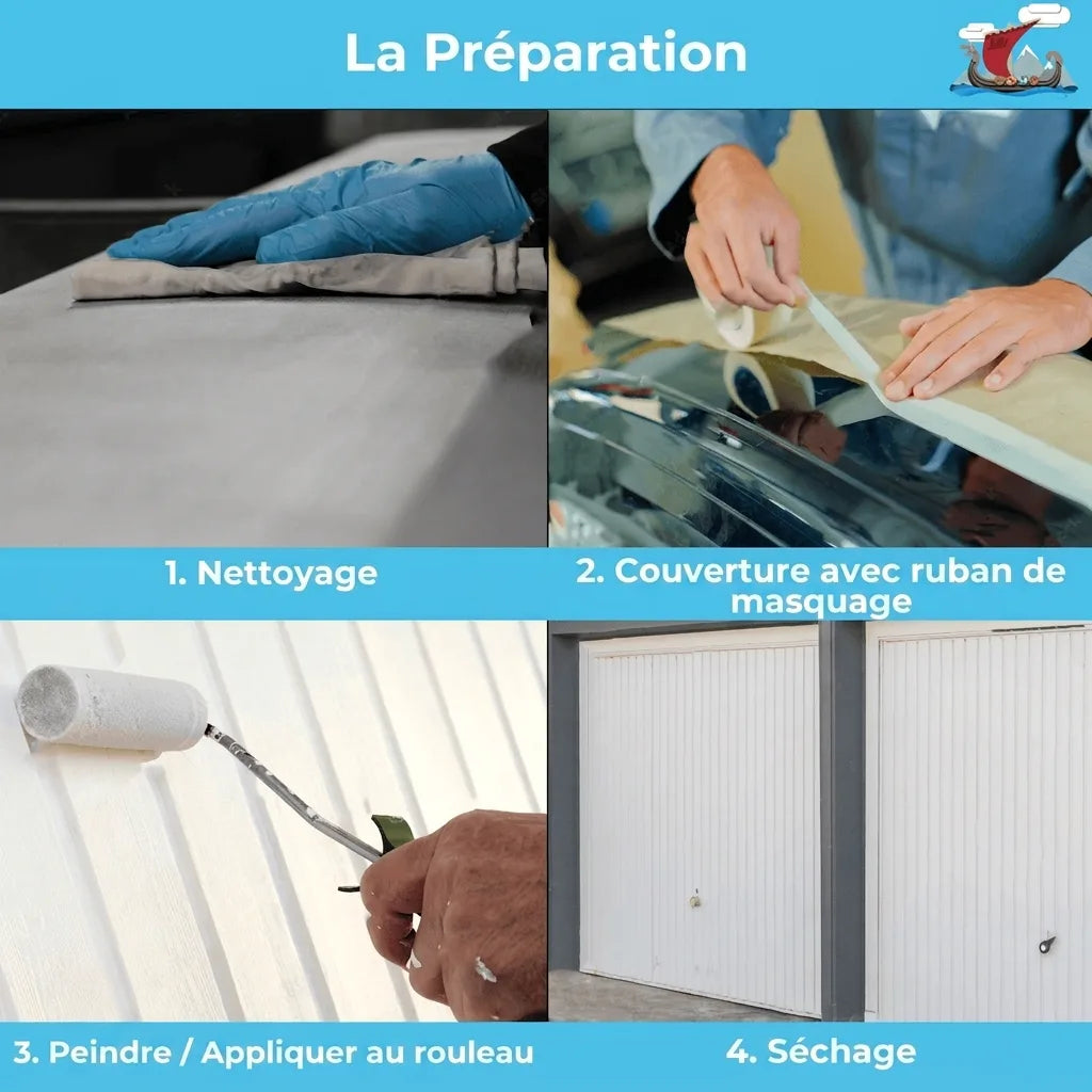 Quatre étapes de préparation pour peindre : nettoyage, masquage, application et séchage d'une surface.