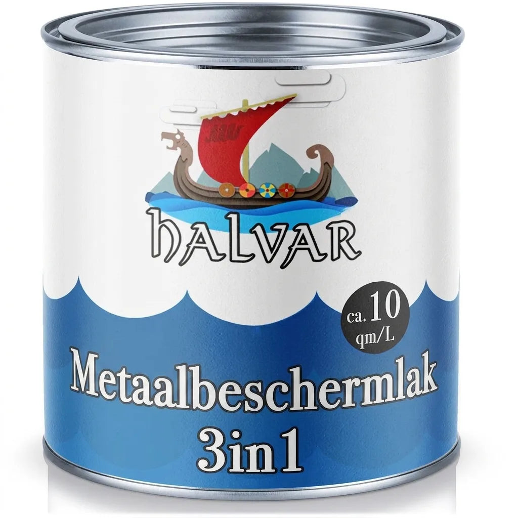 Halvar 3-in-1 metaalbeschermingslak in blik, met rendement van ca. 10 m²/L.
